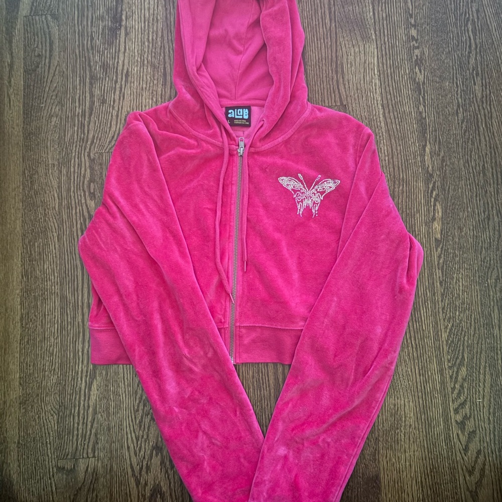 Alab Pink Velvet Cropped Hoodie with Butterfly Design